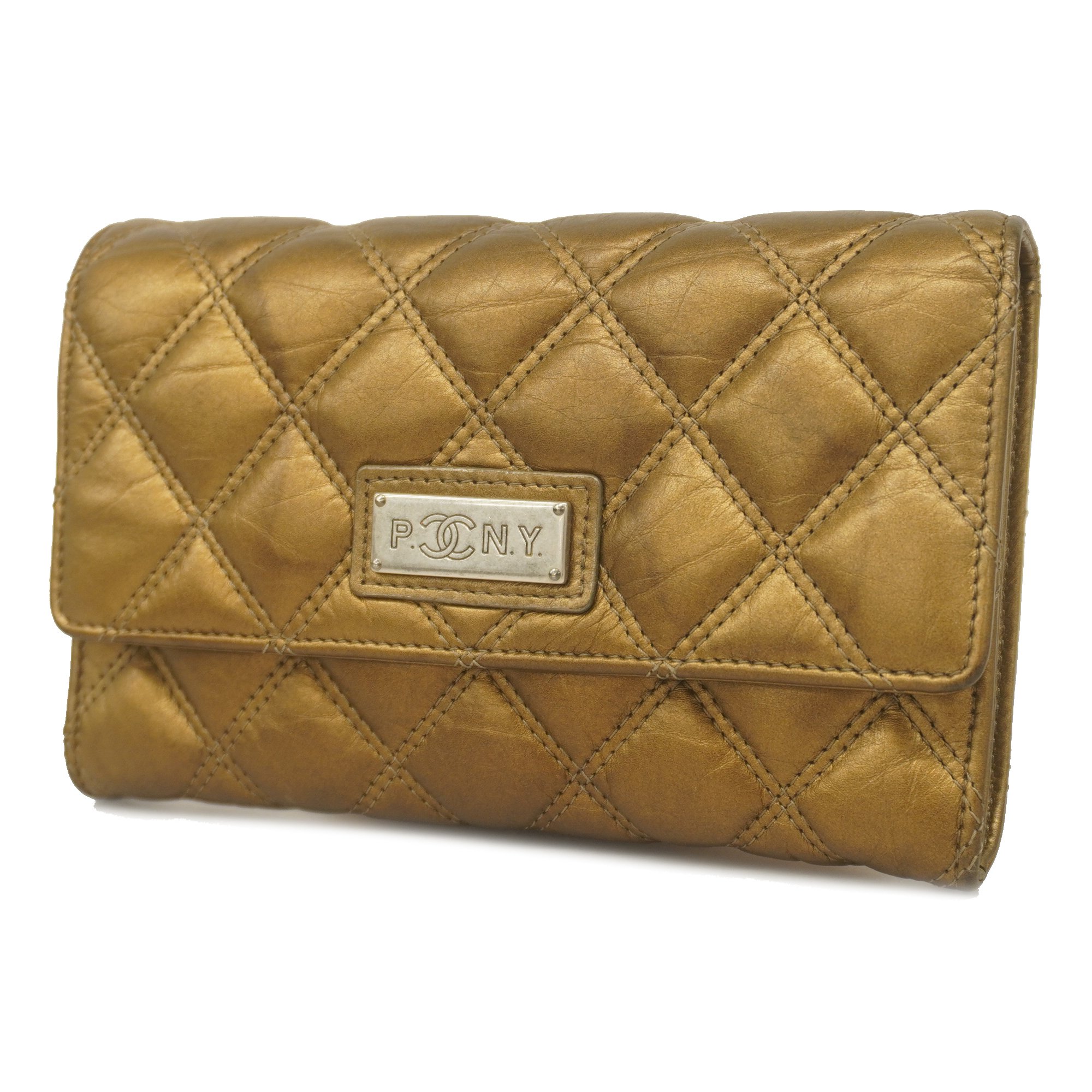 Auth Chanel Bifold Wallet Paris New York Line Silver Hardware Women's Lambsk...